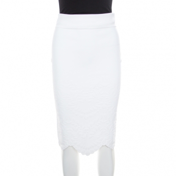 Pre Owned Alexander McQueen White Stretch Knit Floral Embossed Scalloped Hem Pencil Skirt S