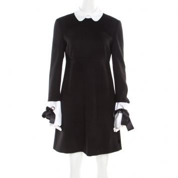 Pre Owned Alexander McQueen Black Wool Contrast Trim Peter Pan Collar Sheath Dress M