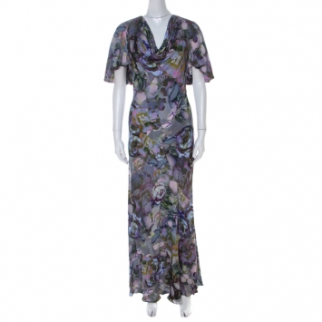 Pre Owned Alexander McQueen Multicolor Floral Printed Cowl Neck Maxi Dress S