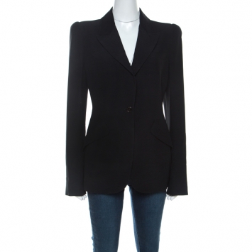 Pre Owned Alexander McQueen Black Crepe Padded Shoulder Single Button Blazer M