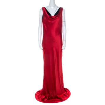 Pre Owned Alexander McQueen Red Silk Cowl Neck Scoop Back Long Dress L