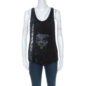 Pre Owned Alexander McQueen Black Sequinned & Beaded Skull Pattern Sleeveless Top S