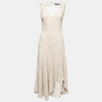 Pre Owned Alexander McQueen Cream Tweed Handkerchief-Hem Dress S