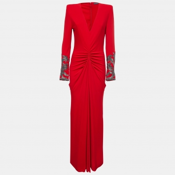 Pre Owned Alexander McQueen Red Jersey Embellished Long Sleeve V-Neck Gown L