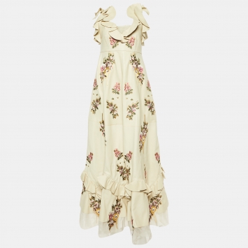 Pre Owned Alexander McQueen Beige Embroidered Lambskin Leather Maxi Dress S