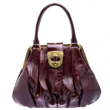Pre Owned Alexander Mcqueen Bordeaux Croc Embossed Patent Leather Elvie Satchel