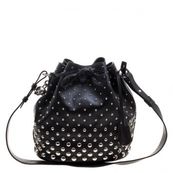 Pre Owned Alexander McQueen Black Leather Studded Padlock Drawstring Bucket Shoulder Bag