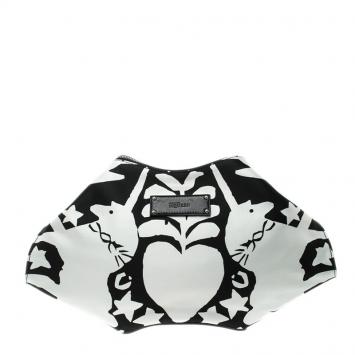 Pre Owned Alexander McQueen White/Black Printed Satin Medium De Manta Clutch