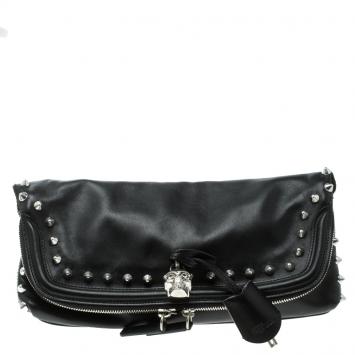 Pre Owned Alexander McQueen Black Leather Studded Skull Padlock Fold Over Clutch
