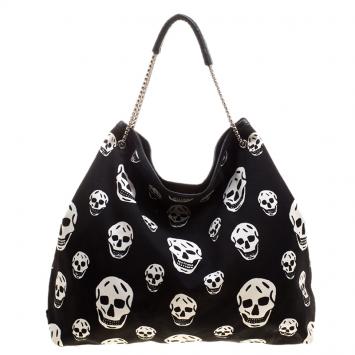 Pre Owned Alexander McQueen Black Skull Print Canvas Tote