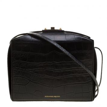 Pre Owned Alexander McQueen Black Croc Embossed Leather Box Shoulder Bag
