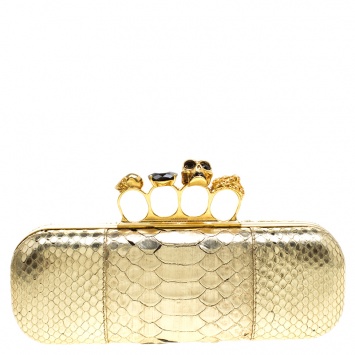 Pre Owned Alexander McQueen Gold Python Skull Knuckle Box Clutch