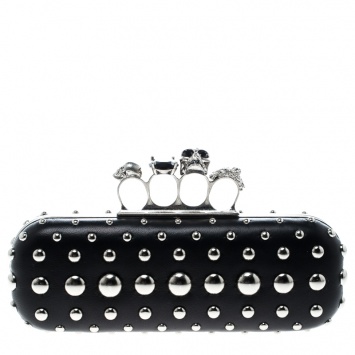 Pre Owned Alexander McQueen Black Leather Studded Skull Knuckle Box Clutch
