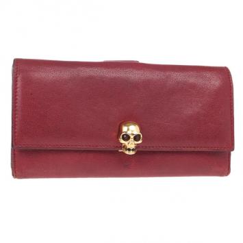 Pre Owned Alexander McQueen Red Leather Skull Continental Wallet