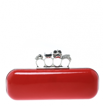 Pre Owned Alexander McQueen Red Patent Leather Skull Knuckle Clutch