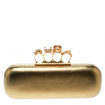 Pre Owned Alexander McQueen Gold Leather Skull Knuckle Box Clutch