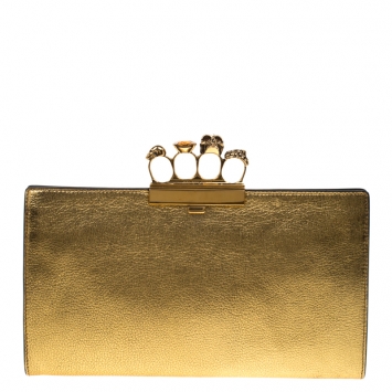 Pre Owned Alexander McQueen Gold Leather Skull Knuckle Flat Clutch