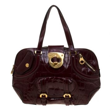 Pre Owned Alexander McQueen Burgundy Croc Embossed Patent Leather Flapper Satchel