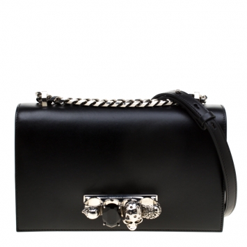 Pre Owned Alexander McQueen Black Leather Jeweled Shoulder Bag