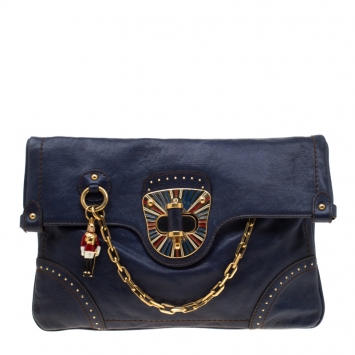 Pre Owned Alexander McQueen Navy Blue Flappy Leather Clutch