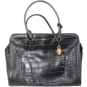 Pre Owned Alexander McQueen Black Croc-Effect Leather Tote Bag