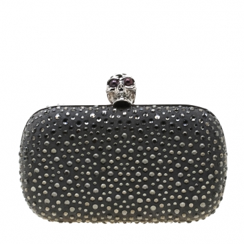 Pre Owned Alexander McQueen Grey Nubuck Leather and Crystal Embellished Skull Clutch