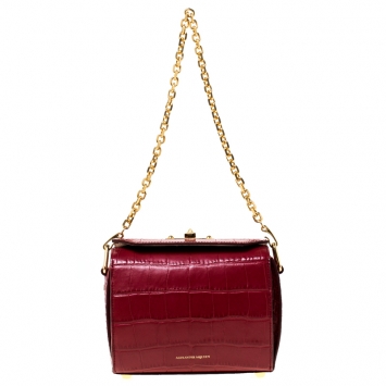 Pre Owned Alexander McQueen Red Croc Embossed Leather Box Shoulder Bag 