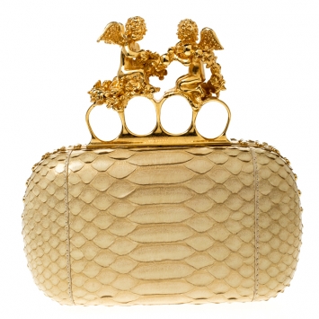 Pre Owned Alexander McQueen Light Yellow Python Angel Knuckle Box Clutch