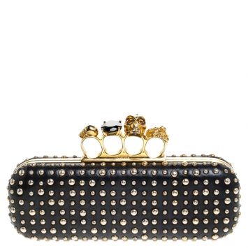 Pre Owned Alexander McQueen Black/Gold Studded Leather Skull Knuckle Box Clutch