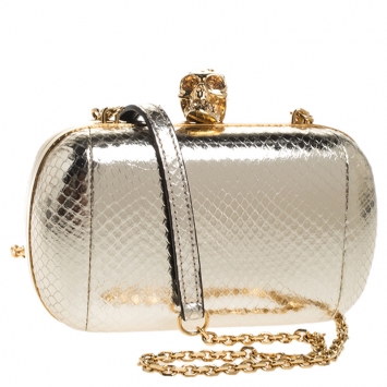 Pre Owned Alexander McQueen Metallic Gold Python Embossed Leather Skull Box Clutch