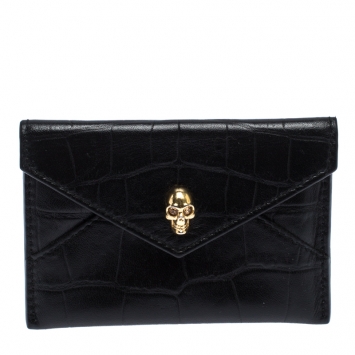 Pre Owned Alexander McQueen Black Crocodile Embossed Leather Skull Card Holder