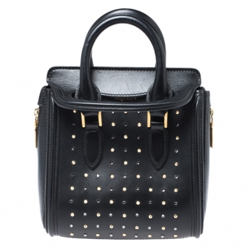 Pre Owned Alexander McQueen Black Leather Mini Crystal Studded Heroine Shoulder Bag
