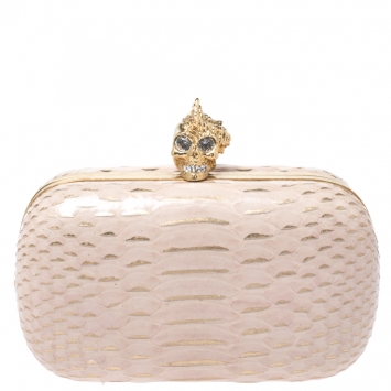 Pre Owned Alexander McQueen Beige/Gold Python Crystal Embellished Skull Clutch