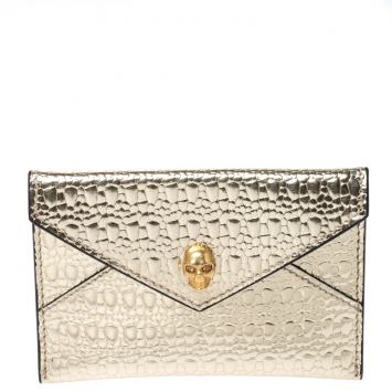 Pre Owned Alexander McQueen Metallic Gold Textured Leather Skull Card Holder