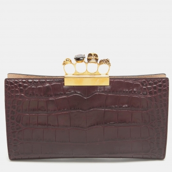 Pre Owned Alexander McQueen Burgundy Croc Embossed Leather The Knuckle Clutch