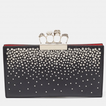 Pre Owned Alexander McQueen Black Leather Studded Knuckle Flap Clutch