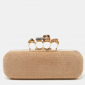 Pre Owned Alexander McQueen Beige Suede Studded Skull Knuckle Box Clutch