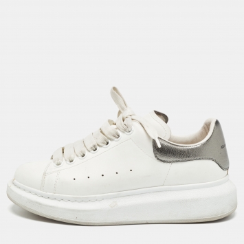 Pre Owned Alexander McQueen White/Metallic Grey Leather Larry Sneakers Size 37.5