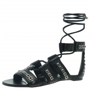 Pre Owned Alexander McQueen Black Leather Studded Sandals Size 37