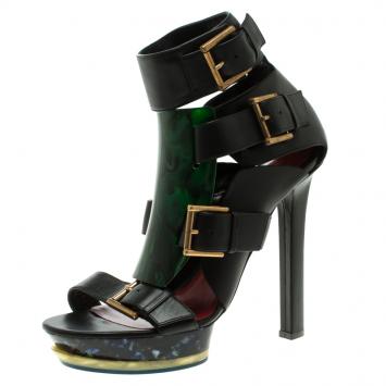 Pre Owned Alexander McQueen Black Leather Plexi Plaque Strappy Platform Sandals Size 40
