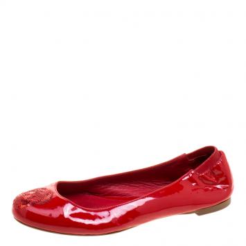 Pre Owned Alexander McQueen Pink Patent Leather Sequin Skull Ballet Flats Size 36