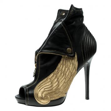Pre Owned Alexander McQueen Black Leather Faithful Skull Peep Toe Ankle Boots Size 40