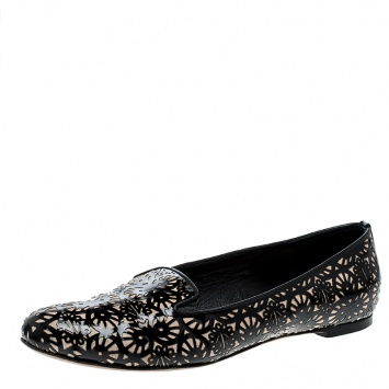 Pre Owned Alexander McQueen Two Tone Laser Cut Patent Leather and Suede Smoking Slippers Size 39
