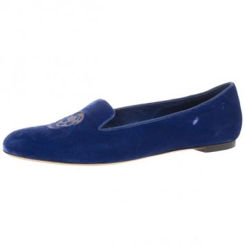 Pre Owned Alexander McQueen Blue Velvet Skull Smoking Slippers Size 40