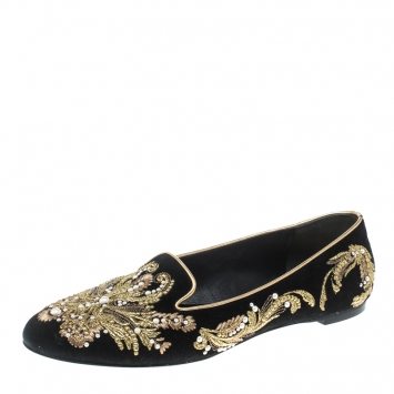 Pre Owned Alexander McQueen Black Velvet Embroidered Smoking Slippers Size 38.5