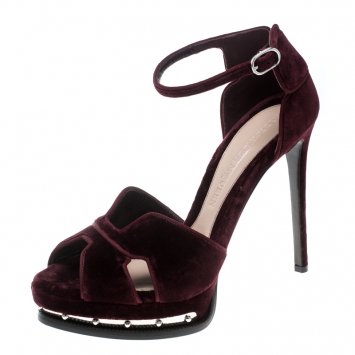 Pre Owned Alexander McQueen Burgundy Velvet Butterfly Platform Ankle Strap Sandals Size 40
