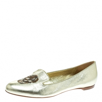 Pre Owned Alexander McQueen Gold Leather Sequin Skull Ballet Loafer Flats Size 39
