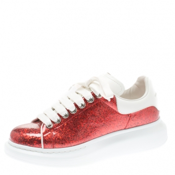 Pre Owned Alexander McQueen Red Glitter Platform Lace Up Sneakers Size 37