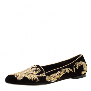 Pre Owned Alexander McQueen Black Suede Embroidered Smoking Slippers Size 39.5