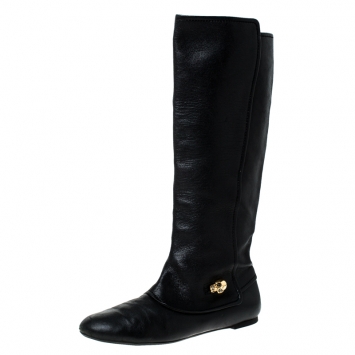 Pre Owned Alexander McQueen Black Leather Skull Charm Knee Length Boots Size 40